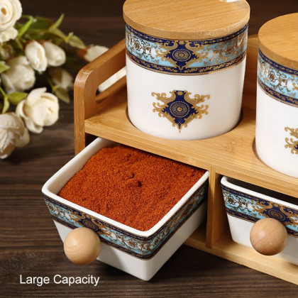 HMR - 2-Tier 6 Jar Spice Seasoning Jar & Rack Set Ceramic Organizers with Lid in White