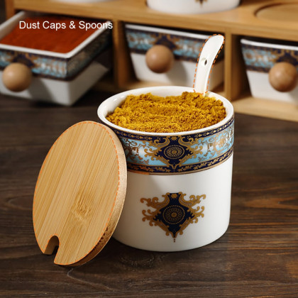 HMR - 2-Tier 6 Jar Spice Seasoning Jar & Rack Set Ceramic Organizers with Lid in White