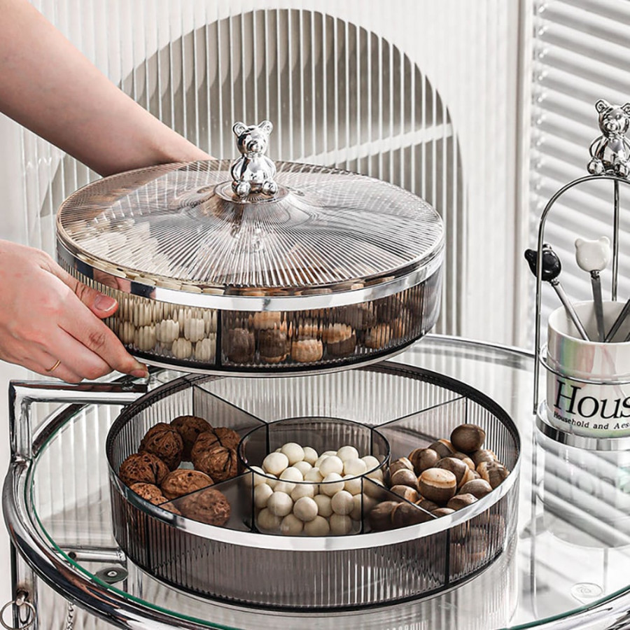 HMR - Acrylic 11" Divided Serving Tray with Lid 2 Tiered Snack Tray Food Storage Containers