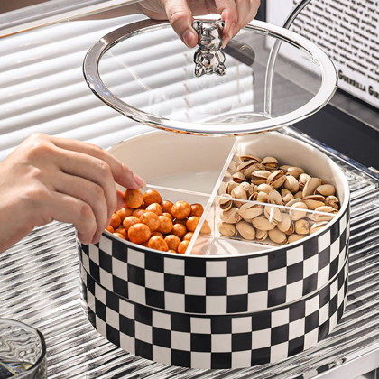 HMR - Modern 8.9" Divided Serving Tray with Lid 2 Tiered Snack Tray Food Storage Containers