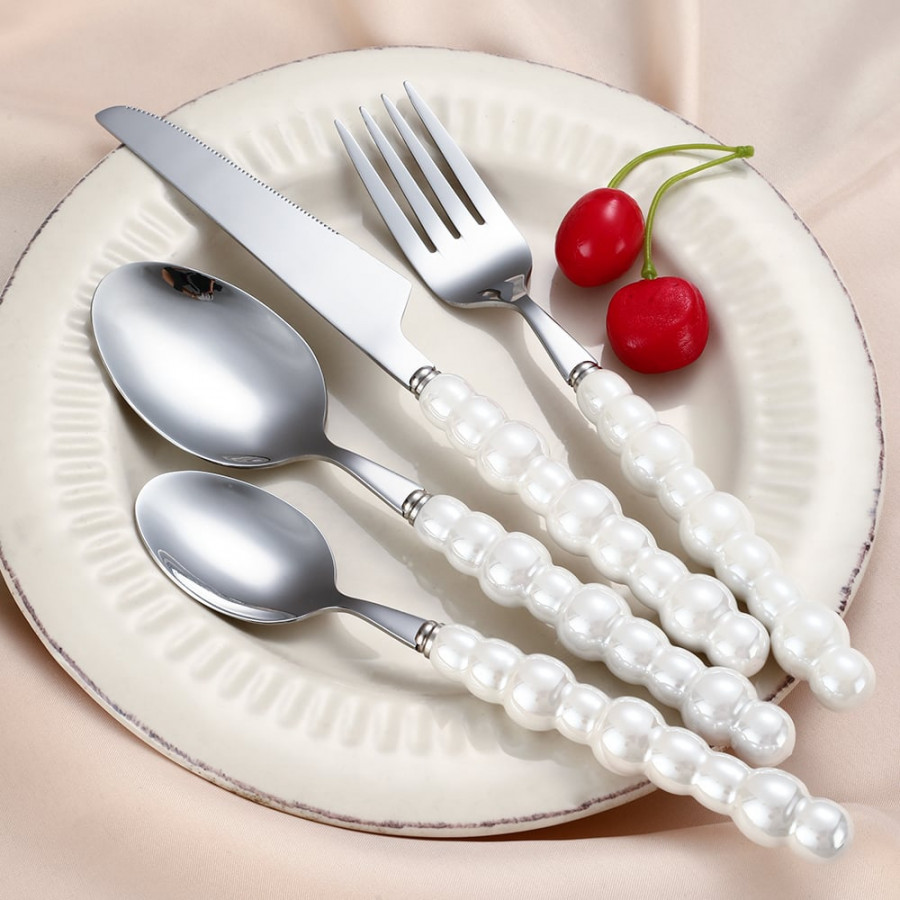 HMR - Modern Flatware Set for 4 Ceramic Unique White Pearl 16-Piece Cutlery Set