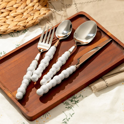 HMR - Modern Flatware Set for 4 Ceramic Unique White Pearl 16-Piece Cutlery Set