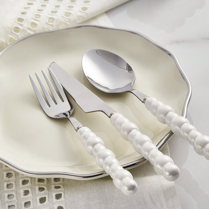 HMR - Modern Flatware Set for 4 Ceramic Unique White Pearl 16-Piece Cutlery Set