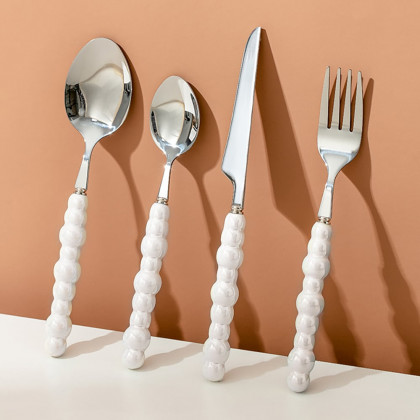 HMR - Modern Flatware Set for 4 Ceramic Unique White Pearl 16-Piece Cutlery Set