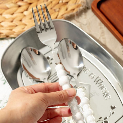 HMR - Modern Flatware Set for 4 Ceramic Unique White Pearl 16-Piece Cutlery Set
