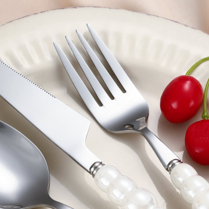 HMR - Modern Flatware Set for 4 Ceramic Unique White Pearl 16-Piece Cutlery Set