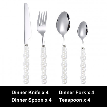 HMR - Modern Flatware Set for 4 Ceramic Unique White Pearl 16-Piece Cutlery Set