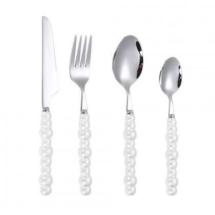 HMR - Modern Flatware Set for 4 Ceramic Unique White Pearl 16-Piece Cutlery Set