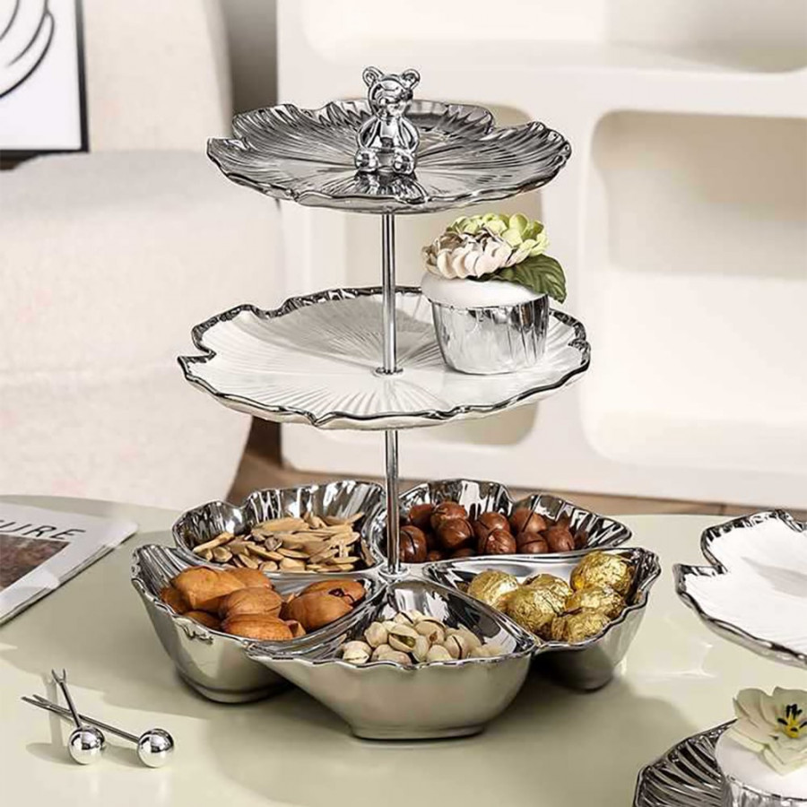 HMR - 3 Tier White & Silver Fruit Bowl Ceramic Irregular Serving Tray Decor Cupcake Stand