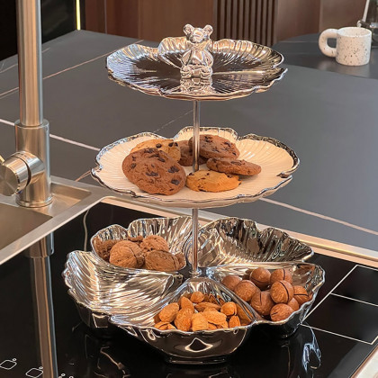 HMR - 3 Tier White & Silver Fruit Bowl Ceramic Irregular Serving Tray Decor Cupcake Stand