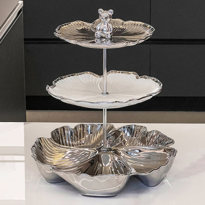 HMR - 3 Tier White & Silver Fruit Bowl Ceramic Irregular Serving Tray Decor Cupcake Stand