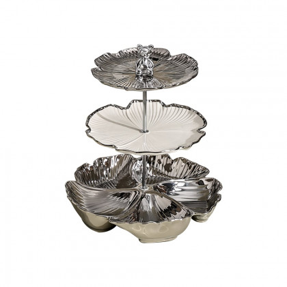 HMR - 3 Tier White & Silver Fruit Bowl Ceramic Irregular Serving Tray Decor Cupcake Stand