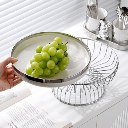 HMR - White Fruit Basket Round Decorative Bowl Ceramic & Metal Snack Serving Tray