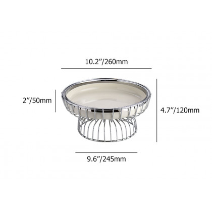 HMR - White Fruit Basket Round Decorative Bowl Ceramic & Metal Snack Serving Tray
