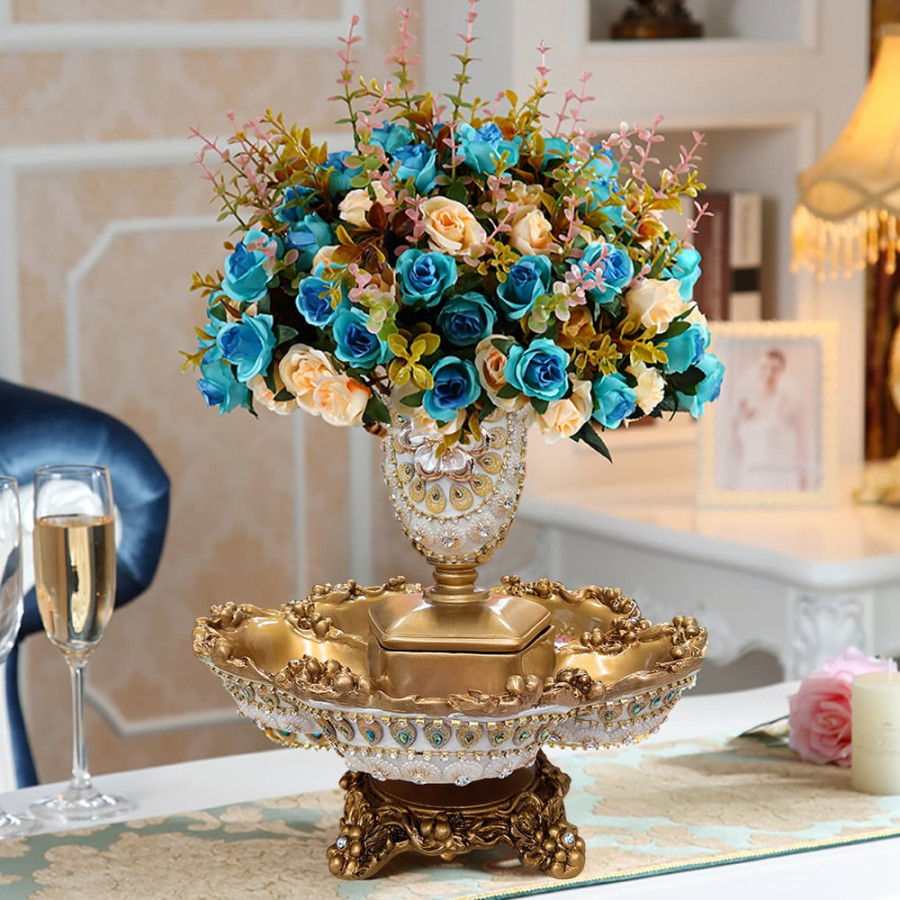 HMR - 2 Tiered Gold & White Fruit Basket Glam Plate with Removable Vase Resin Snack Tray Decor