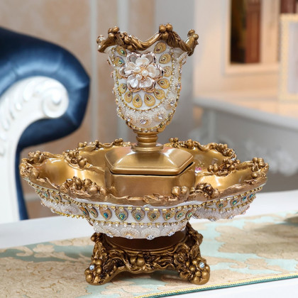 HMR - 2 Tiered Gold & White Fruit Basket Glam Plate with Removable Vase Resin Snack Tray Decor