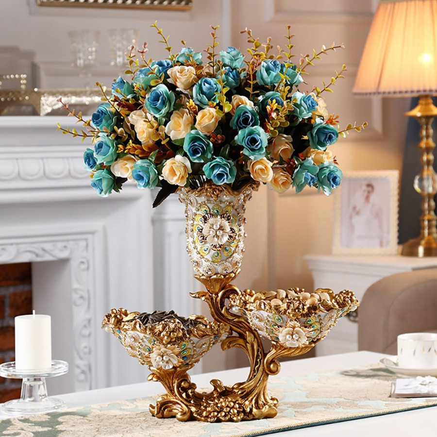 HMR - Shinely 2 Tiered Gold & White Fruit Basket Plate with Vase Resin Snack Tray Decor