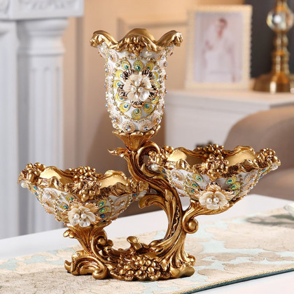 HMR - Shinely 2 Tiered Gold & White Fruit Basket Plate with Vase Resin Snack Tray Decor
