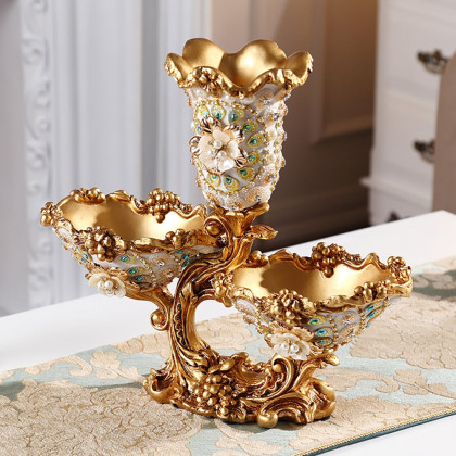 HMR - Shinely 2 Tiered Gold & White Fruit Basket Plate with Vase Resin Snack Tray Decor