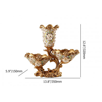 HMR - Shinely 2 Tiered Gold & White Fruit Basket Plate with Vase Resin Snack Tray Decor