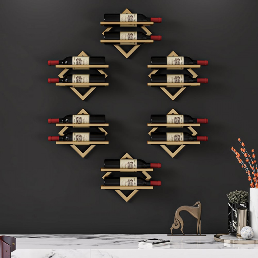 HMR - Gold Wall Mounted Wine Bottle Rack 6-Piece 12 Bottle Metal Hanging Wine Rack
