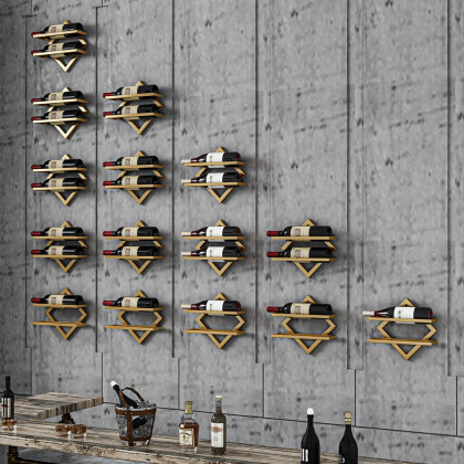 HMR - Gold Wall Mounted Wine Bottle Rack 6-Piece 12 Bottle Metal Hanging Wine Rack
