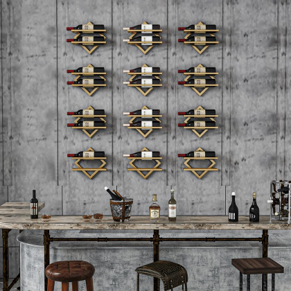 HMR - Gold Wall Mounted Wine Bottle Rack 6-Piece 12 Bottle Metal Hanging Wine Rack