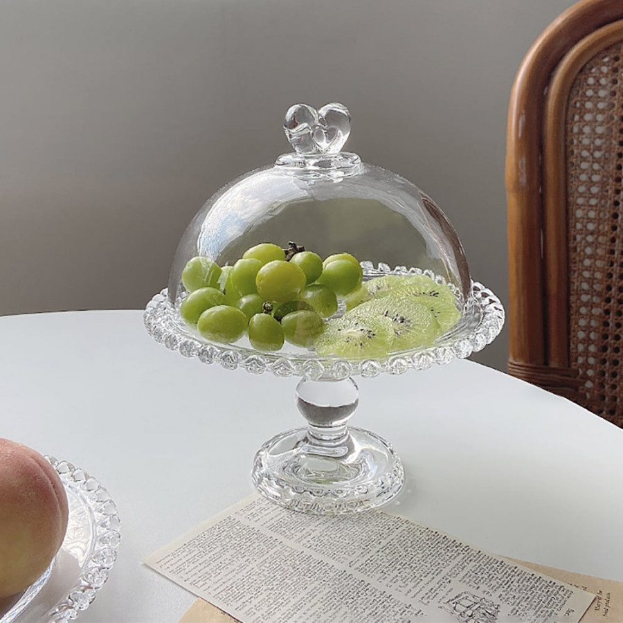 HMR - Clear Glass Fruit Serving Tray Stand with Love-shaped Cover Round Food Snack Server