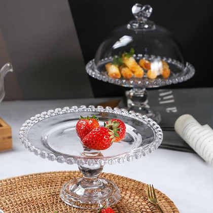HMR - Clear Glass Fruit Serving Tray Stand with Love-shaped Cover Round Food Snack Server