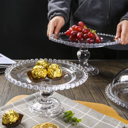 HMR - Clear Glass Fruit Serving Tray Stand with Love-shaped Cover Round Food Snack Server