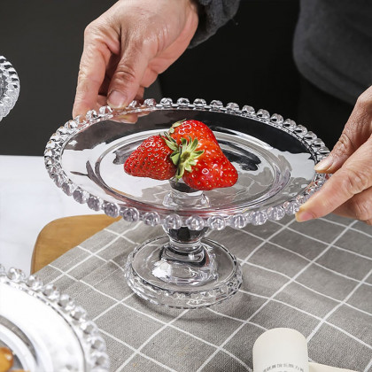 HMR - Clear Glass Fruit Serving Tray Stand with Love-shaped Cover Round Food Snack Server