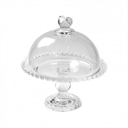 HMR - Clear Glass Fruit Serving Tray Stand with Love-shaped Cover Round Food Snack Server