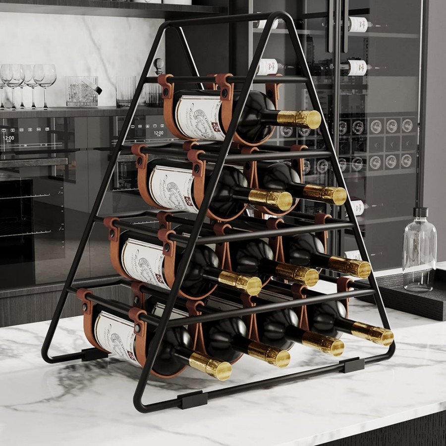 HMR - Industrial Black Wine Rack Countertop Faux Leather Triangle 10 Bottles Wine Holder Metal