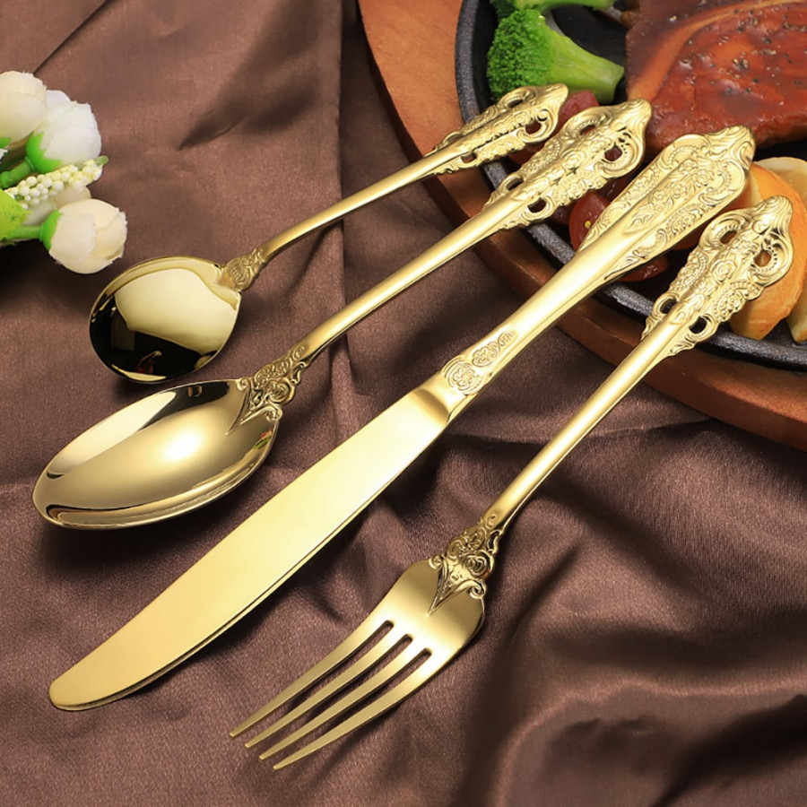 HMR - Vintage Gold Engraved Cutlery Set Service for 12 Stainless Steel Flatware 48Pc Set