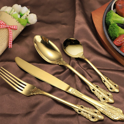 HMR - Vintage Gold Engraved Cutlery Set Service for 12 Stainless Steel Flatware 48Pc Set