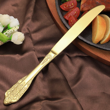 HMR - Vintage Gold Engraved Cutlery Set Service for 12 Stainless Steel Flatware 48Pc Set
