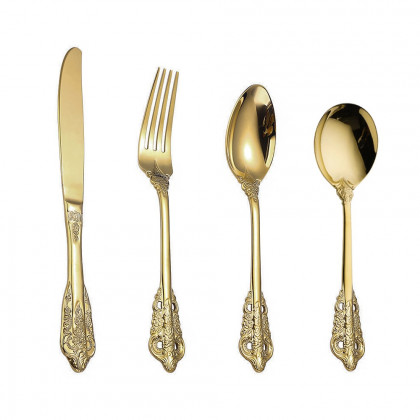 HMR - Vintage Gold Engraved Cutlery Set Service for 12 Stainless Steel Flatware 48Pc Set