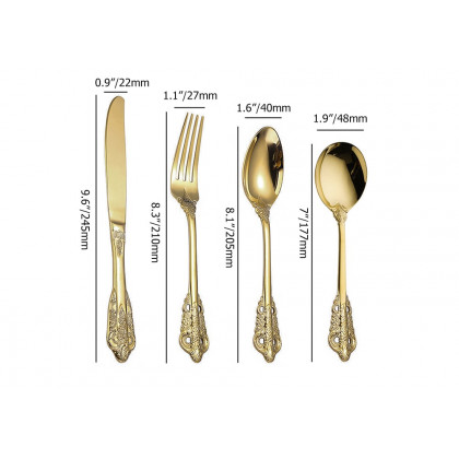 HMR - Vintage Gold Engraved Cutlery Set Service for 12 Stainless Steel Flatware 48Pc Set