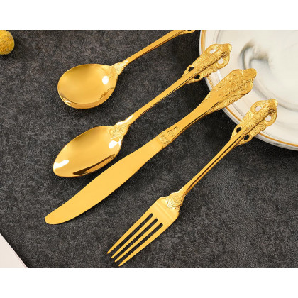 HMR - Vintage Gold Engraved Cutlery Set Service for 12 Stainless Steel Flatware 48Pc Set