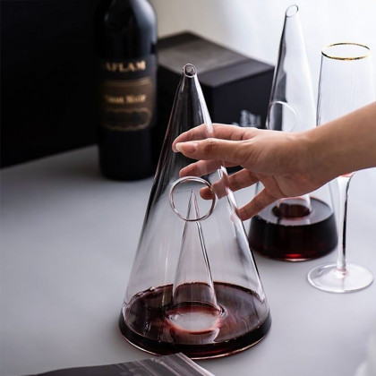 HMR - Unique Pyramid Glass Wine Decanter Hand Blown Red Wine Carafe with Wide Base