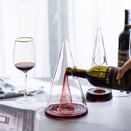 HMR - Unique Pyramid Glass Wine Decanter Hand Blown Red Wine Carafe with Wide Base