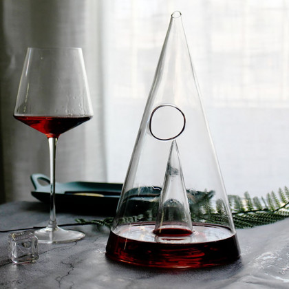 HMR - Unique Pyramid Glass Wine Decanter Hand Blown Red Wine Carafe with Wide Base