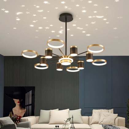 HMR - Nordic 12-Light Black & Gold Chandelier LED Ring Starry Reflection Light Dimmable