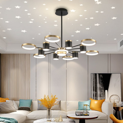 HMR - Nordic 12-Light Black & Gold Chandelier LED Ring Starry Reflection Light Dimmable