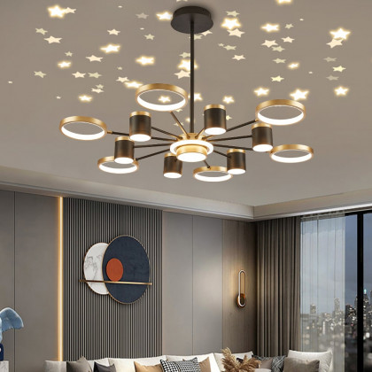 HMR - Nordic 12-Light Black & Gold Chandelier LED Ring Starry Reflection Light Dimmable