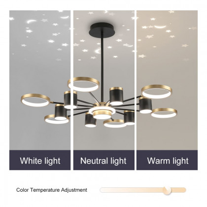 HMR - Nordic 12-Light Black & Gold Chandelier LED Ring Starry Reflection Light Dimmable