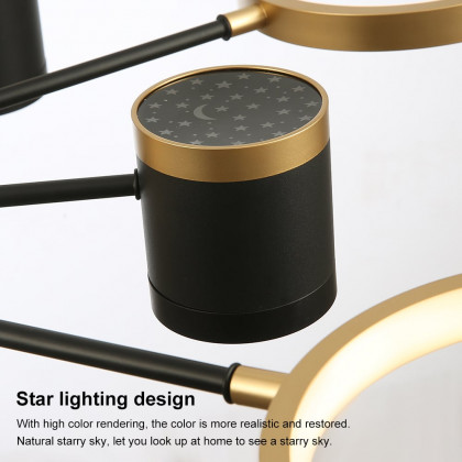 HMR - Nordic 12-Light Black & Gold Chandelier LED Ring Starry Reflection Light Dimmable