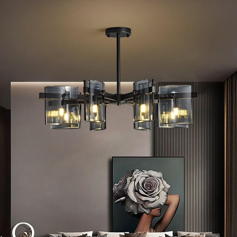 HMR - 8-Light Chandelier Black Glass Mid Century Ceiling Light
