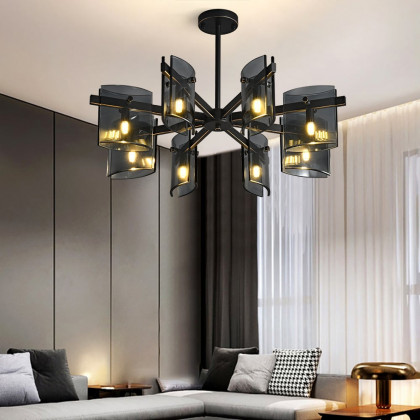 HMR - 8-Light Chandelier Black Glass Mid Century Ceiling Light