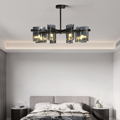 HMR - 8-Light Chandelier Black Glass Mid Century Ceiling Light